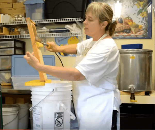 beekeeper is uncapping beeswax during honey harvest