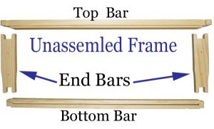 Unassembled Bee Frames - top bar, end bars, bottom bar image.