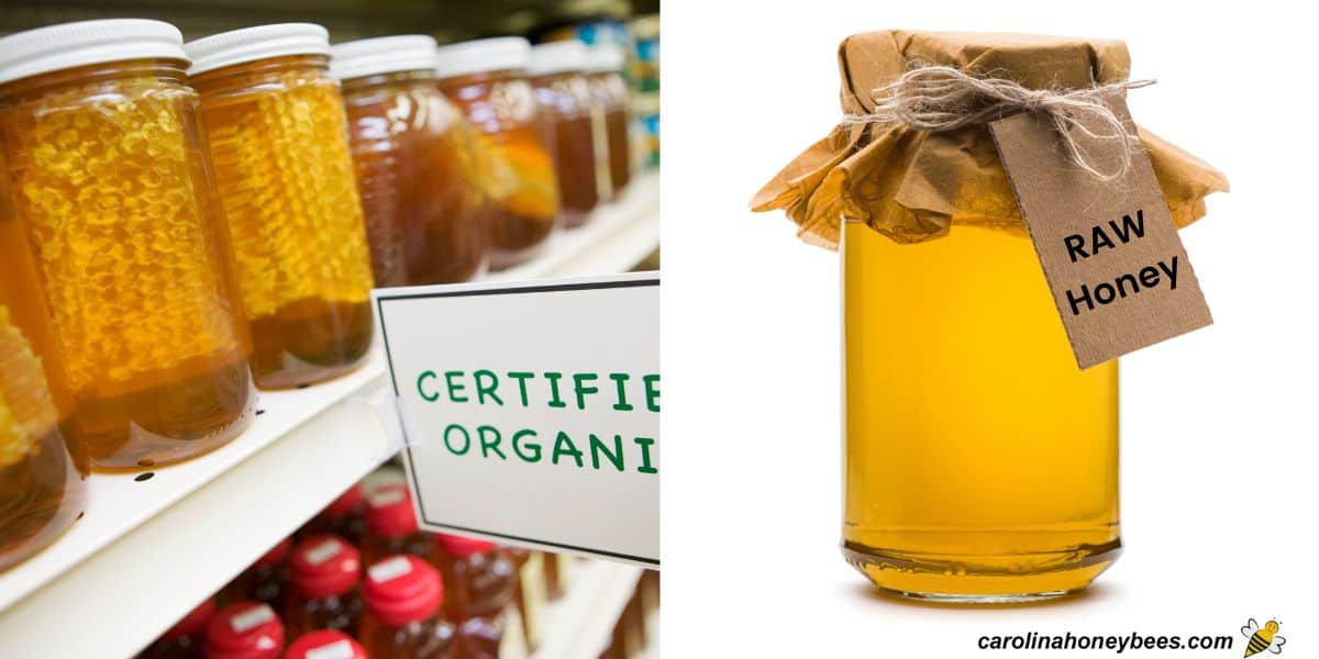 Shelf of honey jars in grocery with organic label and raw honey jar.