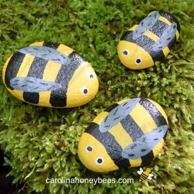 Smooth rocks painted like bees on a bed of moss image.