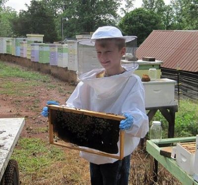 A young beekeeper protected from stings by bee jacket.

