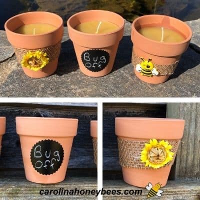 Different images of beeswax candle pots decorated image.