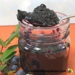 Jar of blueberry syrup with honey in a spoon and fresh berries image.