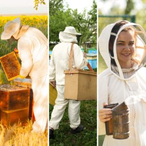 Three beekeepers around a hive wearing different types of beekeeping suits image.