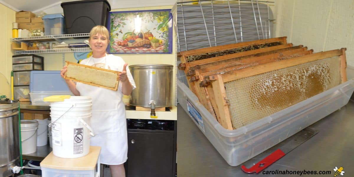 Inside a basic honey house where beekeeper prepares to harvest honey.
