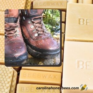 Homemade beeswax waterproofing used on brown leather boots image.