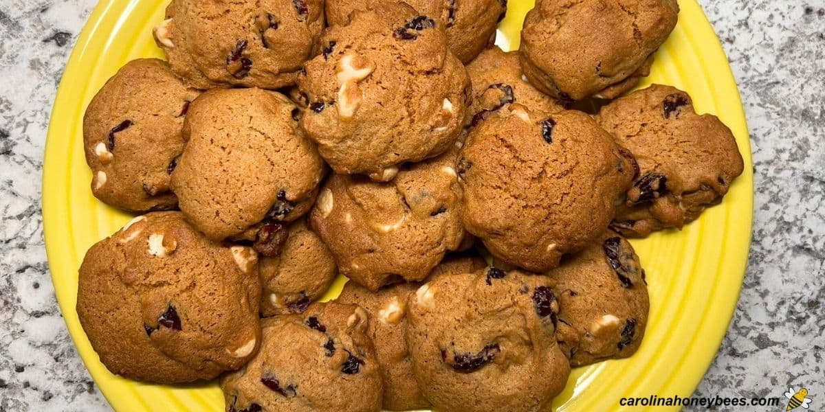 Stack of honey cranberry cookies in a yellow bowl.