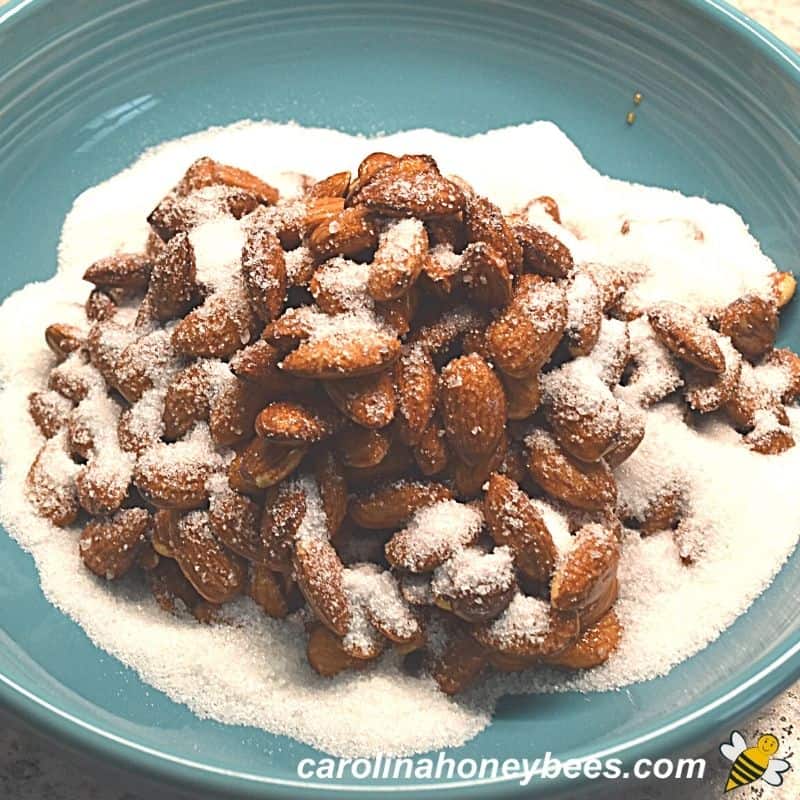 Sugar and salt dumped on honey coated almonds in bowl.