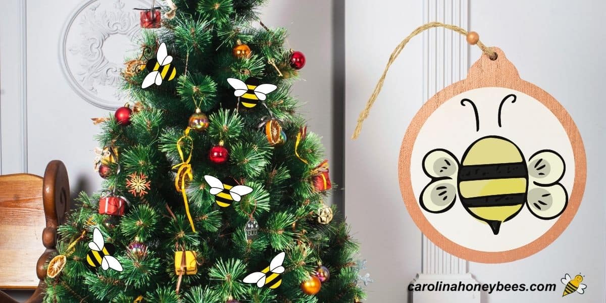 Holiday christmas tree with bee themed ornaments image.