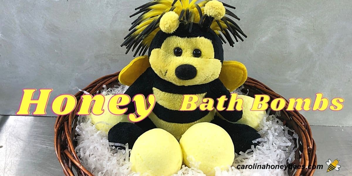 Cute bee bear with honey bath bombs in basket.