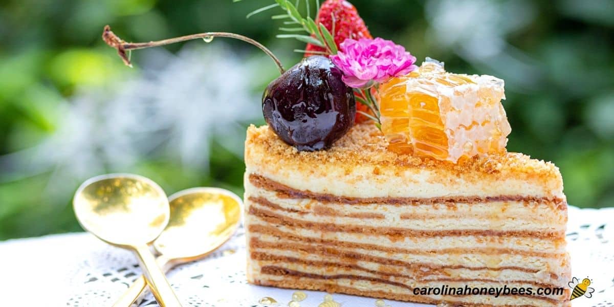 Small pieces of honeycomb with cake and fruit image.