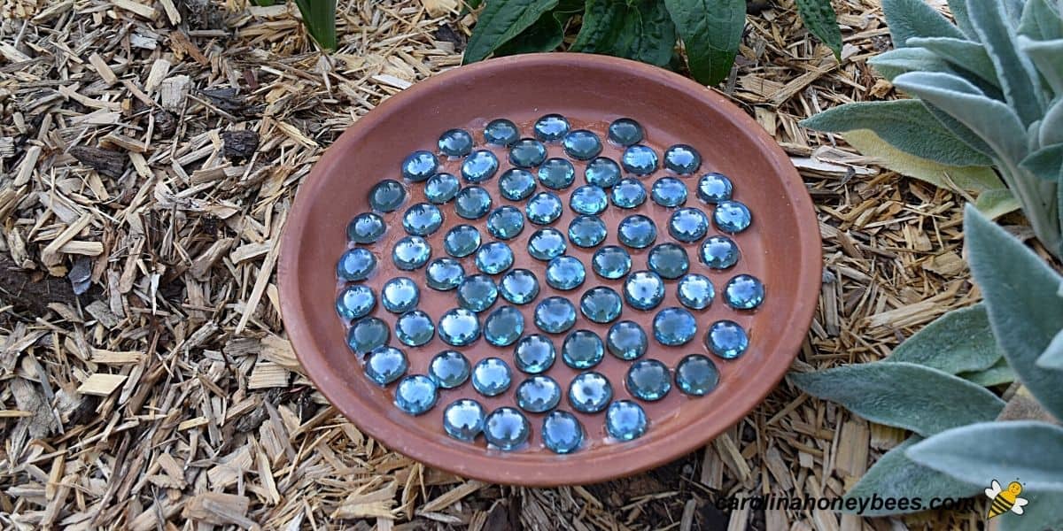 Clay saucer bee waterer craft made with glass stones image.