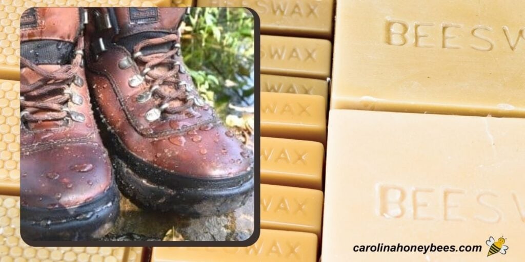 Homemade beeswax waterproofing used on brown leather boots image.