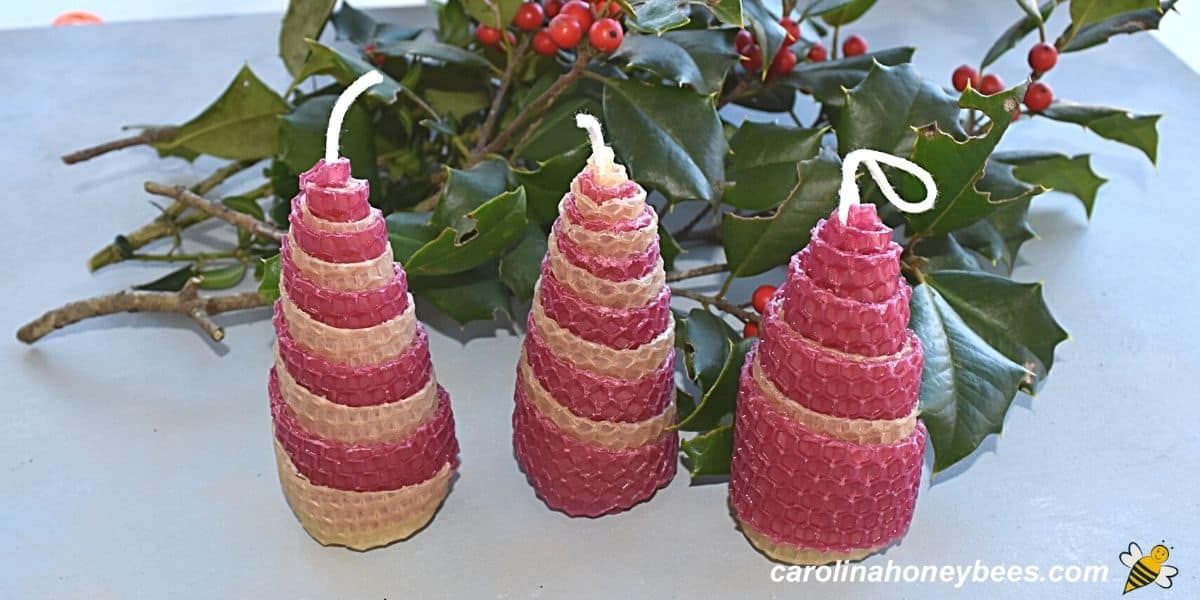 Trio of hand rolled beeswax christmas tree candles image.