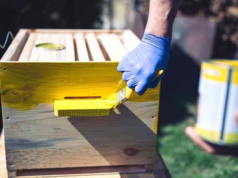 Person painting a new hive with yellow paint.