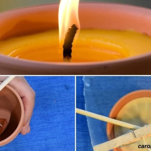 Homemade citronella candles in clay pots with beeswax image.