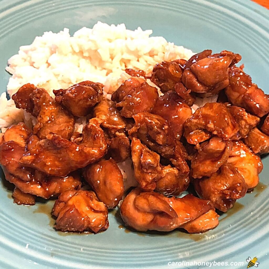 Rice and honey chicken on a plate image.