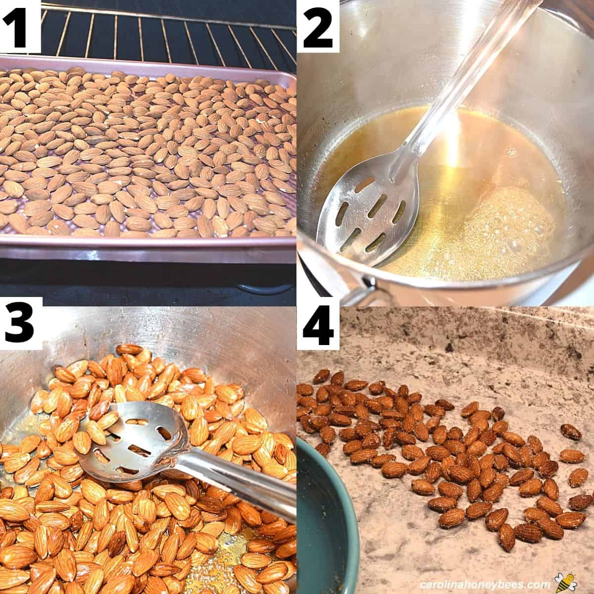 Process shots - steps for roasting almonds with honey and sea salt.