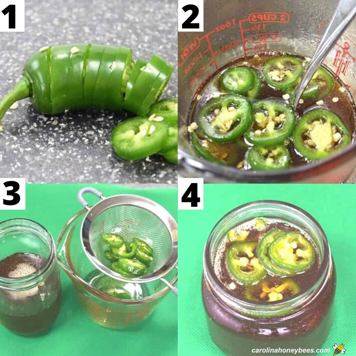 Step instructions to make homemade hot honey with jalapenos. Sliced pepper, steeping and strainiing.