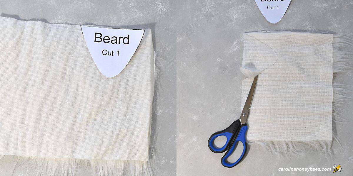 Two steps of using pattern to make a gnome beard on faux fur and using scissors to cut out beard.