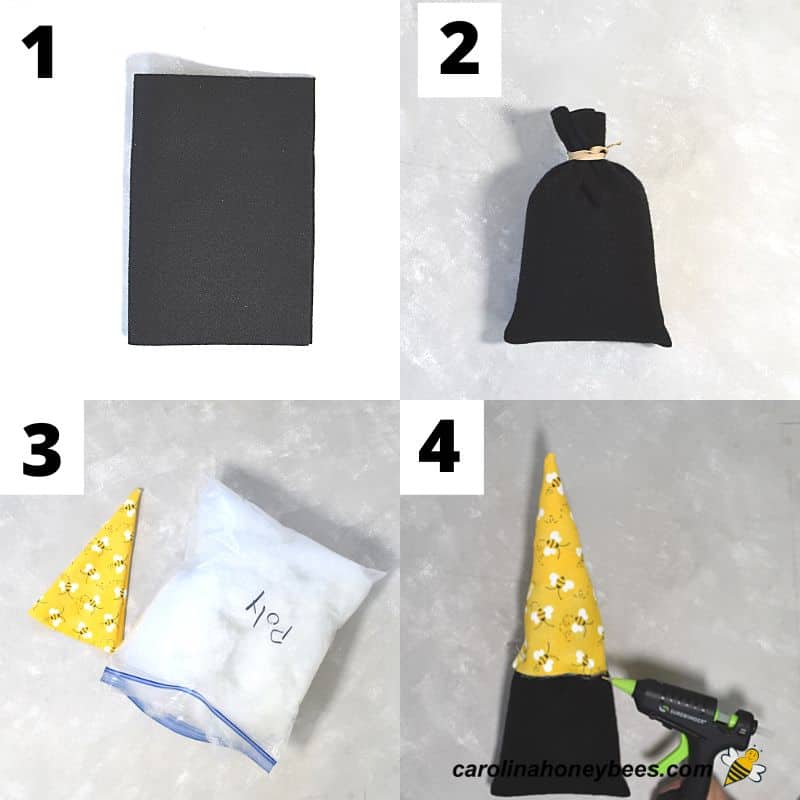 Four basic steps of assembling a diy gnome craft.