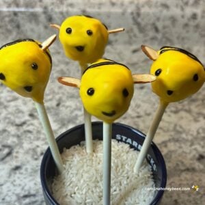 Finished yellow cake pops that look like bees.