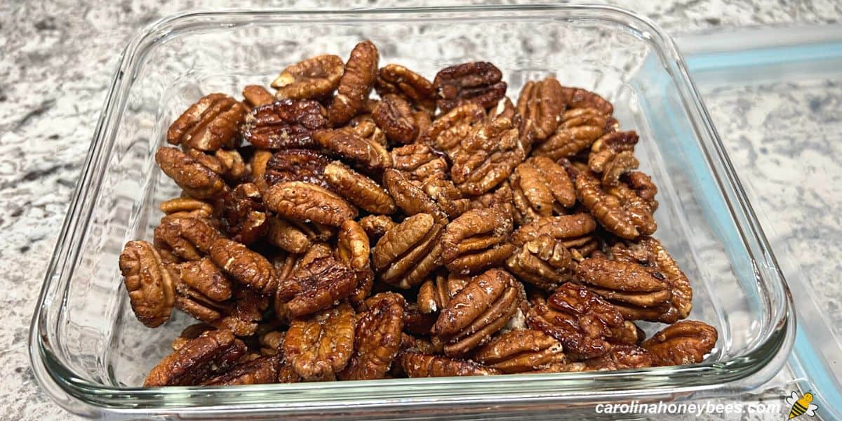 Honey pecans stored in an airtight container.