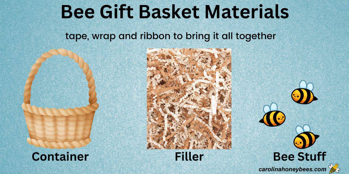 Graphic of bee gift basket materials needed with container, filler and bees.