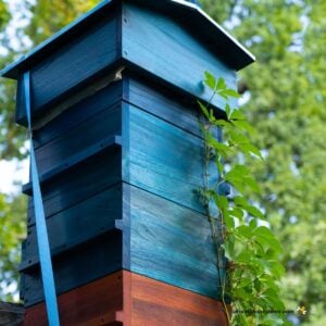 Stacked boxes of warre hive with sloped roof.