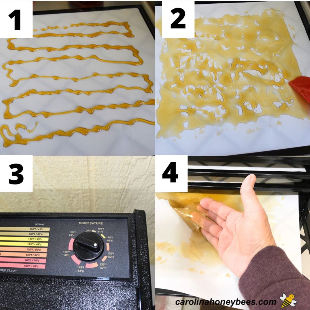 Honey spread over dehydrator silicone sheet and placed in dehydrator for drying.