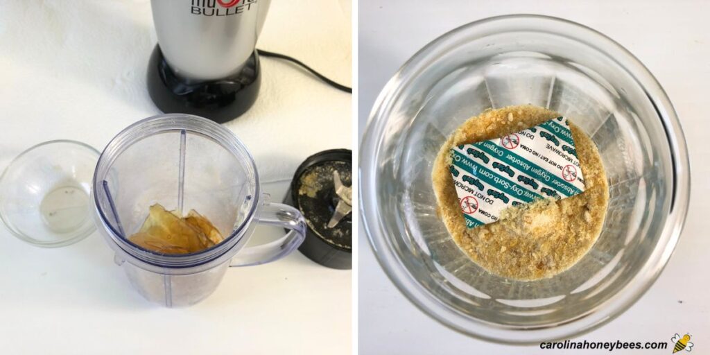 Dried honey in container, honey powder in container with desiccant after grinding.