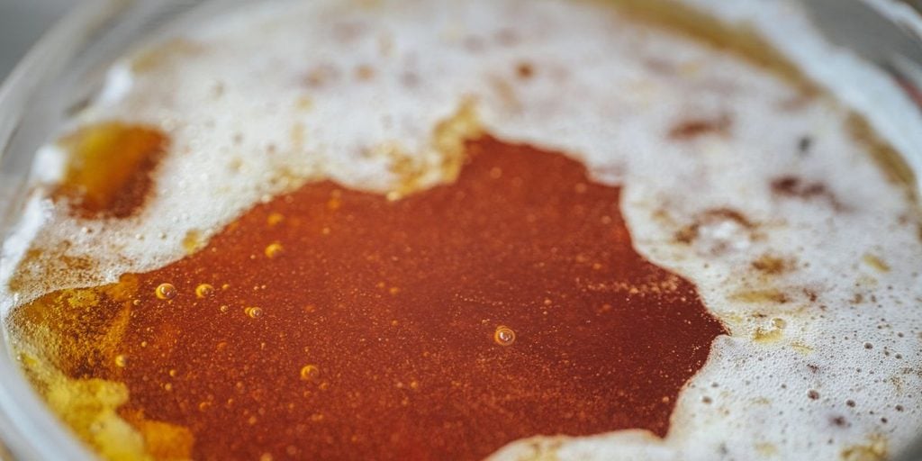Foam and bubbles on top of jar of honey.