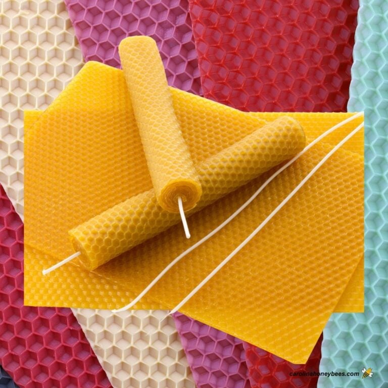 Sheet of colored beeswax and natural beeswax sheets with a pair of homemade candles.