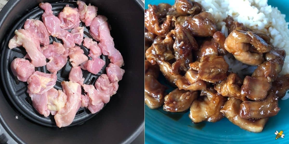 Raw chicken in air fryer and air fryer honey chicken dish on plate with rice.
