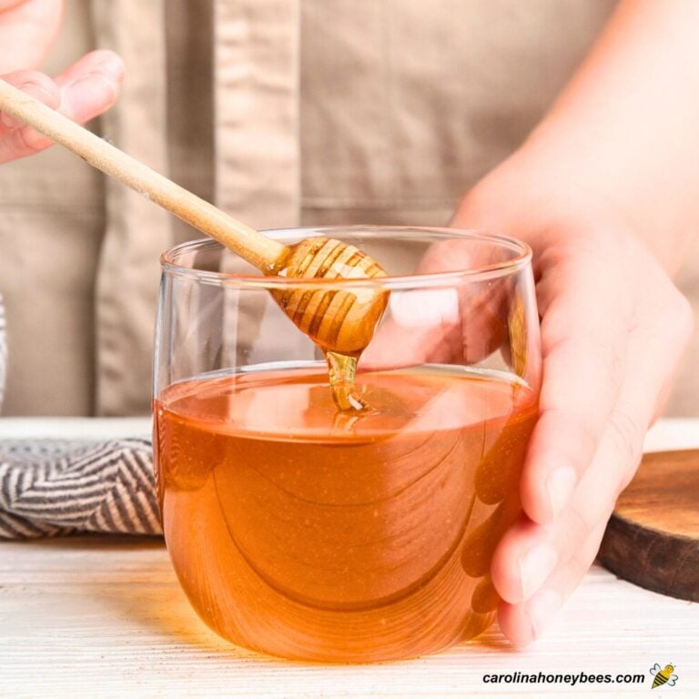 Measuring honey for healthy recipes using a wooden dipper.