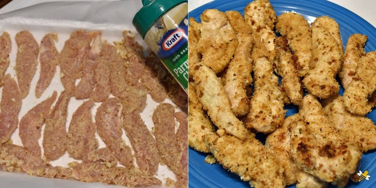 Process shot with cheese and finished baked honey chicken tenders on blue plate.