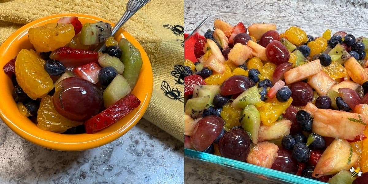 Side of fruit salad in yellow bowl and large dish of honey lime fruit salad for light dinner.