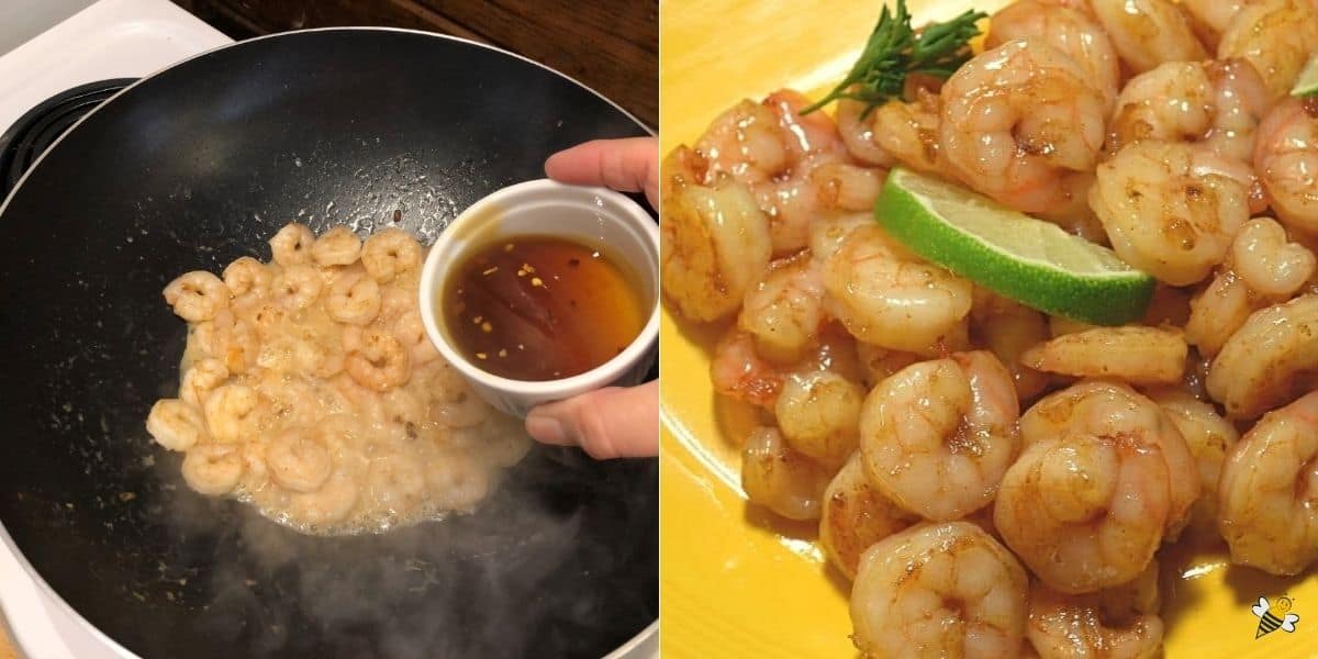 Cooking shrimp in honey sauce and honey lime shrimp meal on plate.