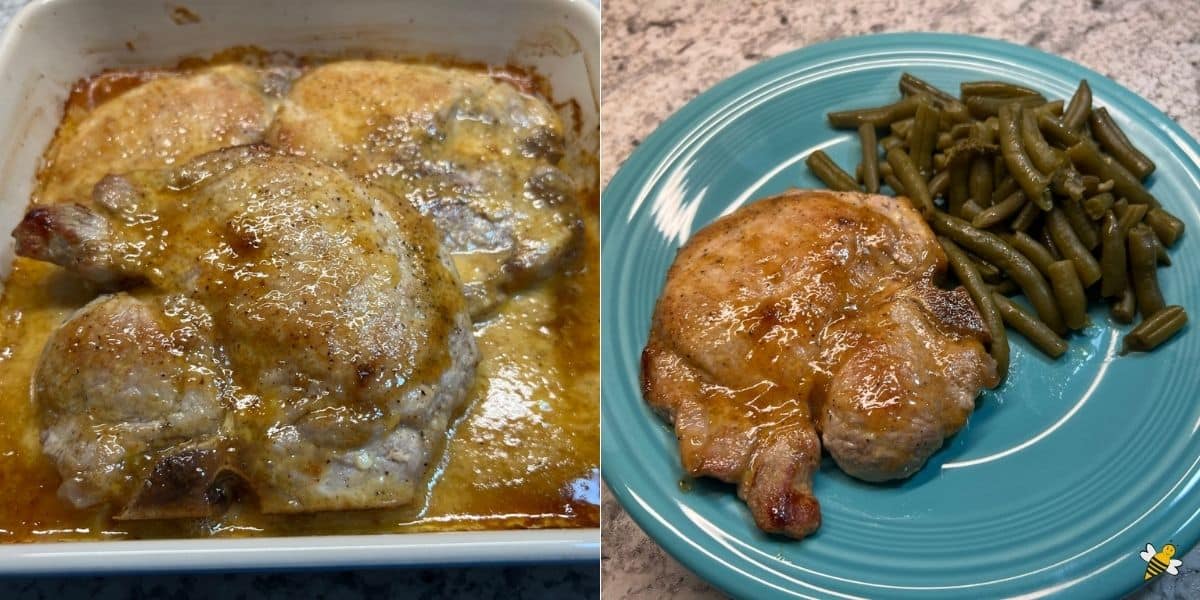 Pork chops in baking dish, honey mustard pork chops and green beans on a plate.