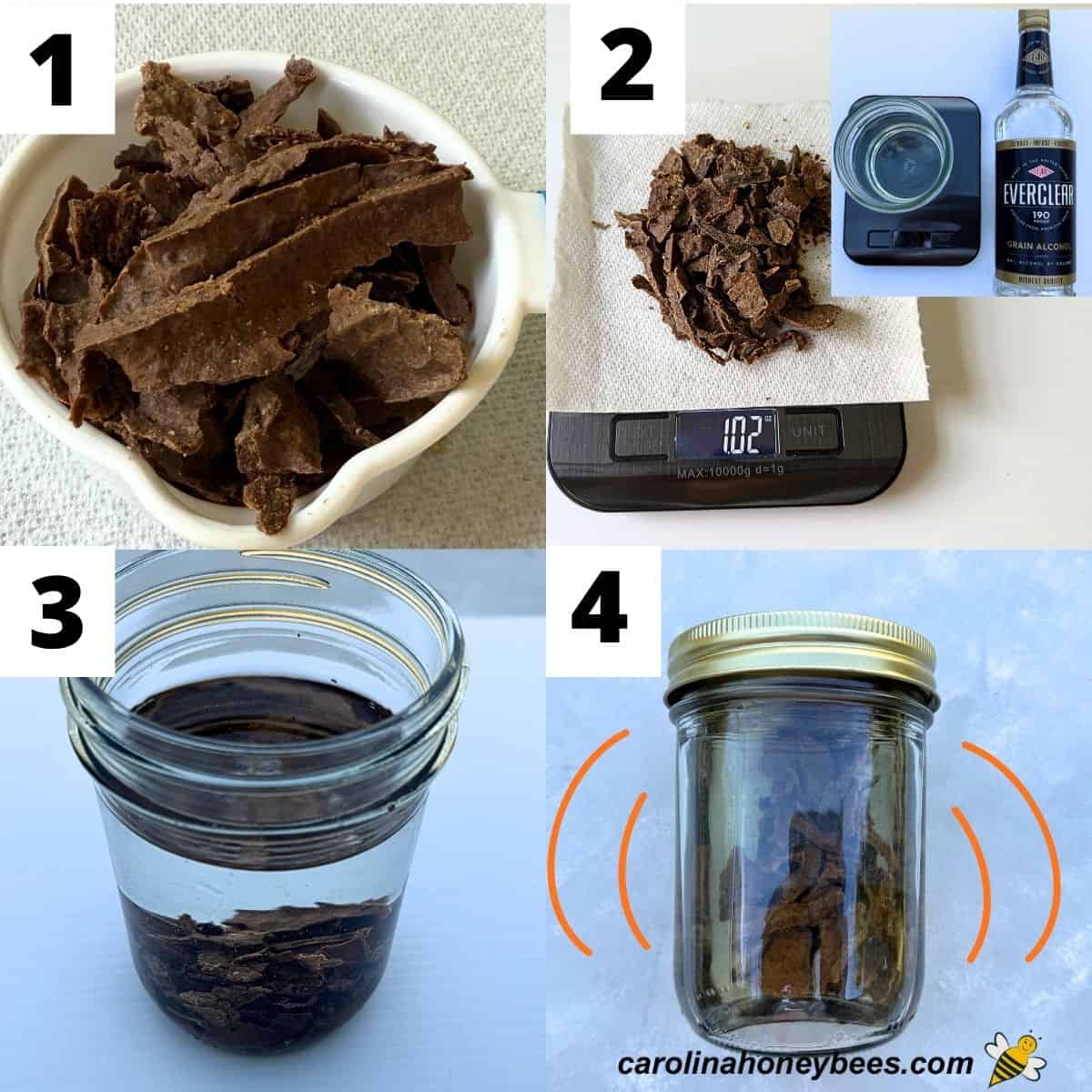 4 major steps for process of making propolis tincture weighing and combining ingredients.