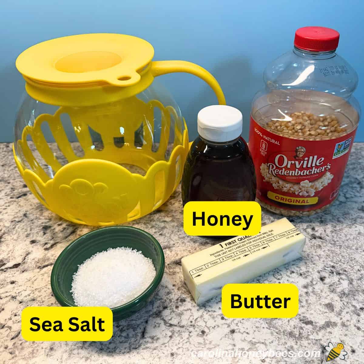 Labeled ingredient for honey popcorn recipe.