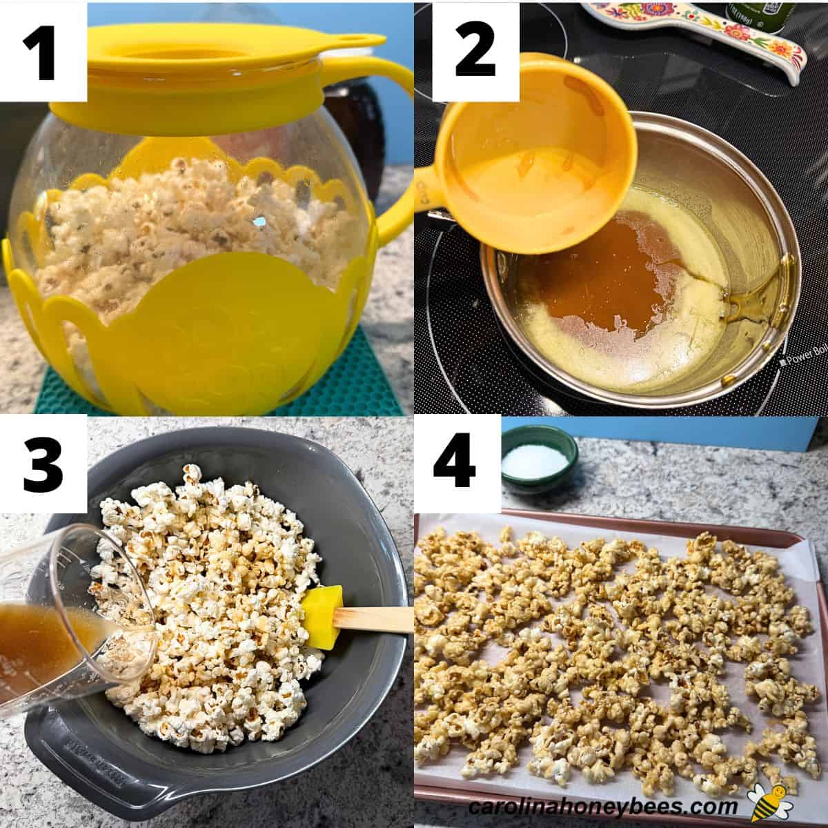 Steps for popcorn recipe, popped corn, honey sauce, drizzling honey over corn and spread on a sheet pan.