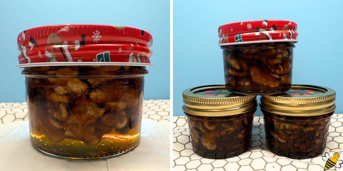 Walnuts preserved in raw honey in decorative small jars for gifts.