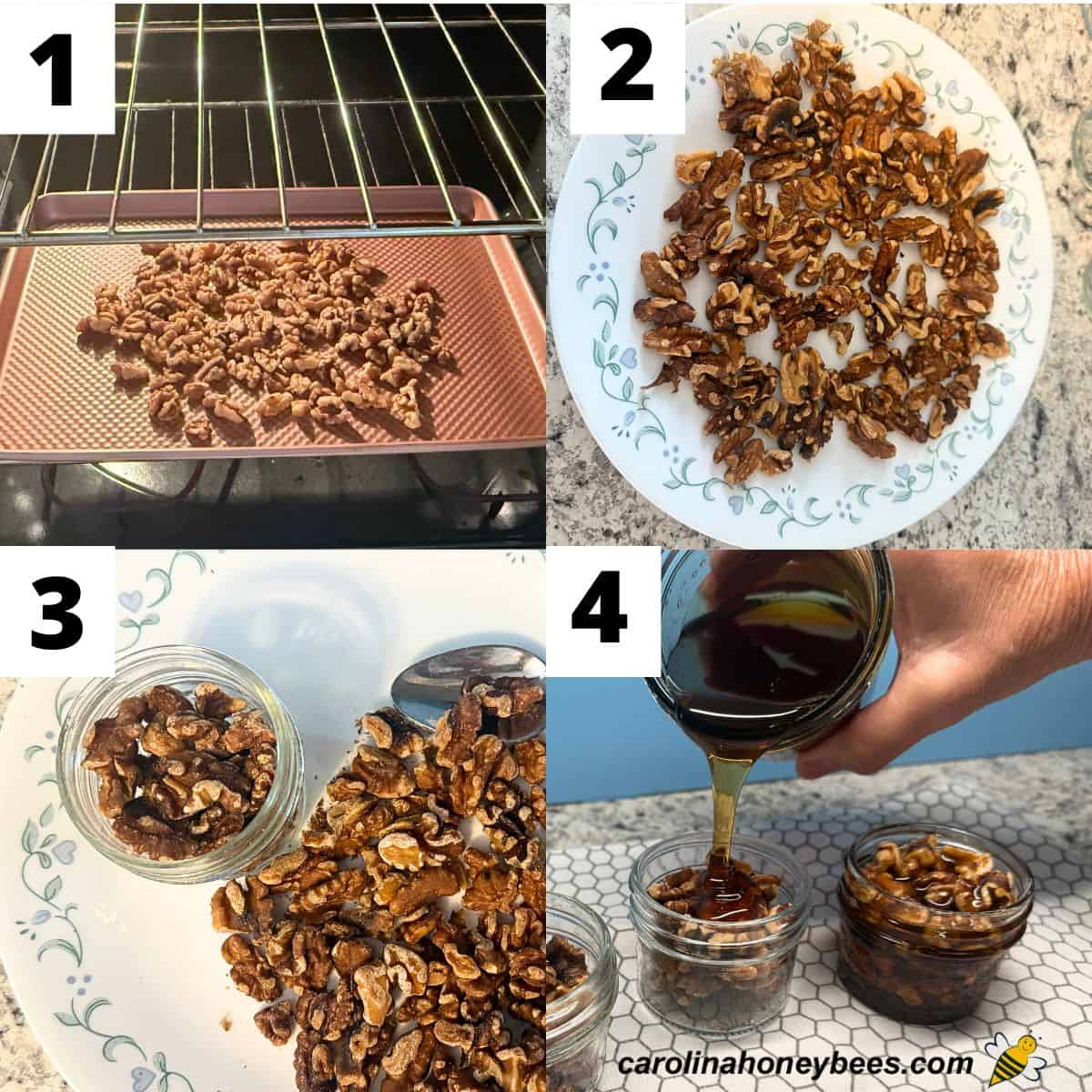 Step by step process of toasting walnuts, cooling, packing in jars and covering in honey.