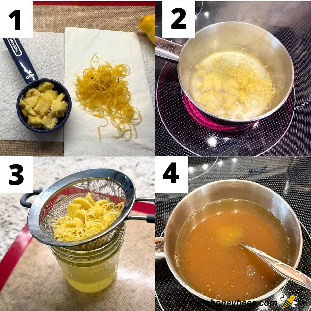 Four steps to make cough syrup with peeled ginger, zest of lemon, water and honey in saucepan.