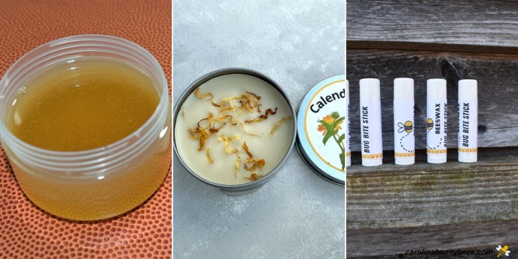 Aloe burn salve, calendula salve and bug bite sticks all made at home.