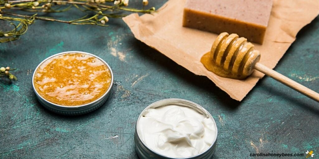 Honey with dipper, beeswax and diy salve for skin care.