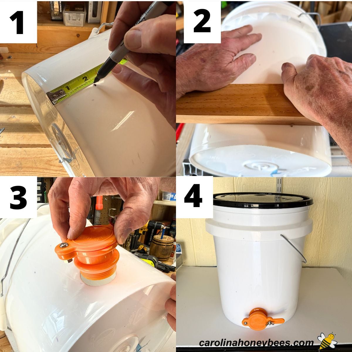 Four basic steps for installing a honey gate into a plastic bucket.